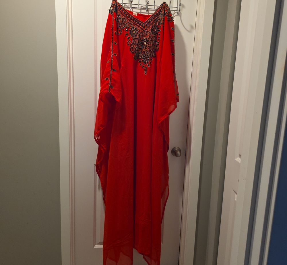 Embellished Red Maxi Caftan Dress with Beaded Yoke